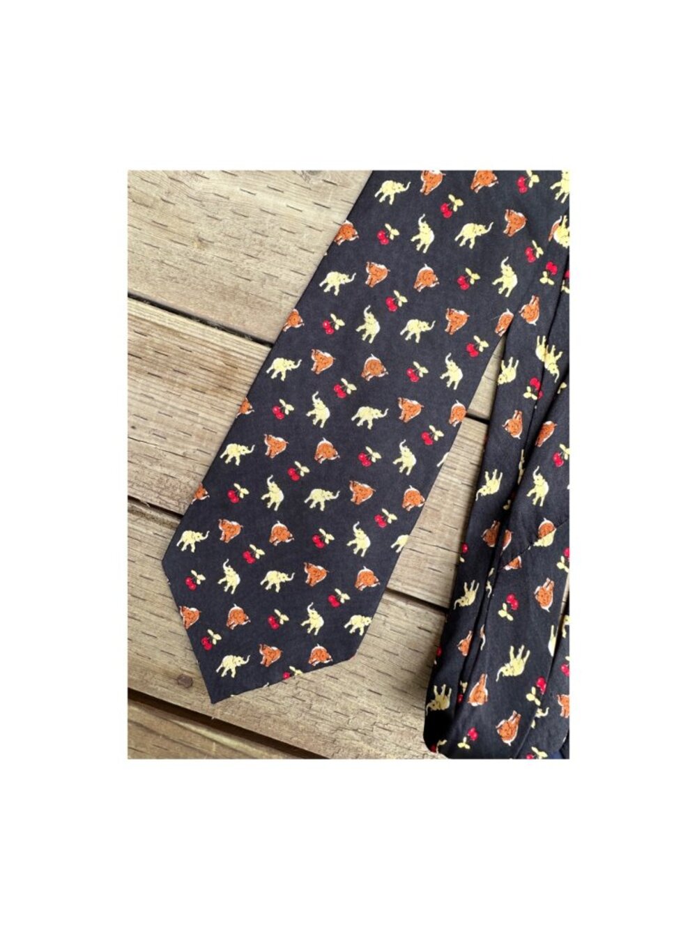 Vintage Linco Pure Silk Necktie Navy Blue Elephants Cherries 63.5 x 4"